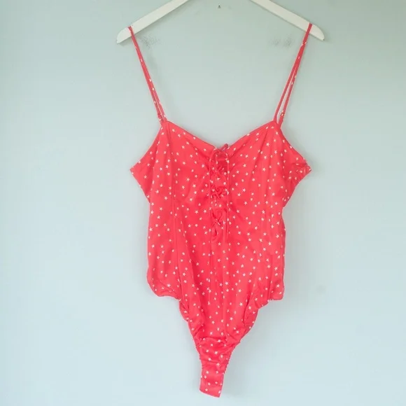 NWT Zara Red & White Star Print Satin Lace Up Bodysuit - Picture 8 of 13